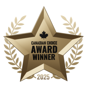 This is an image of a gold star that represents the Canadian Choice Award Winner 2025. It is a gold star with the maple leaf in black and the title Canadian Choice Award Winner 2025